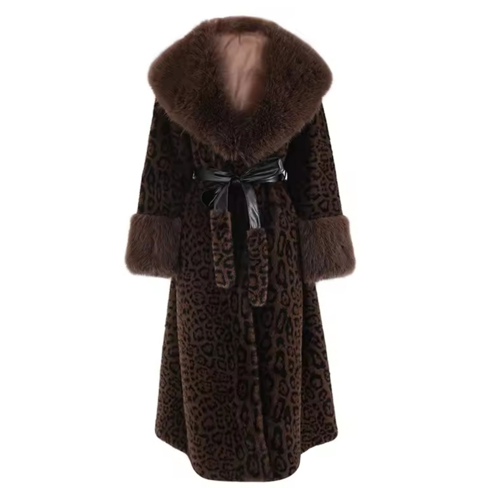 Brown Leopard Print Big Size Long Faux Fur Jacket For Women Lapel Long Sleeve - Picture 5 of 10